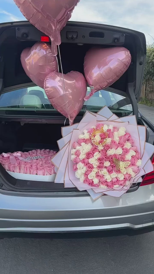 Ramo de 100 rosas y caja de corazón con rosas